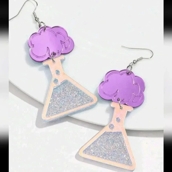 Women's silver sparkle dangle earrings Chemistry science teacher purple blue - Picture 2 of 7